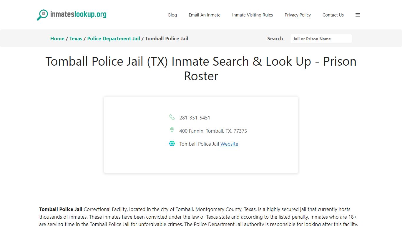 Tomball Police Jail (TX) Inmate Search & Look Up - Prison Roster